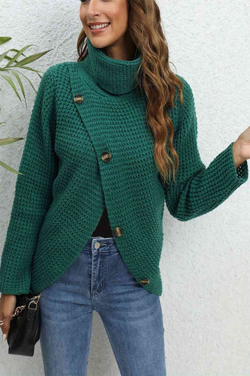 Buttoned Turtleneck Long Sleeve Sweater